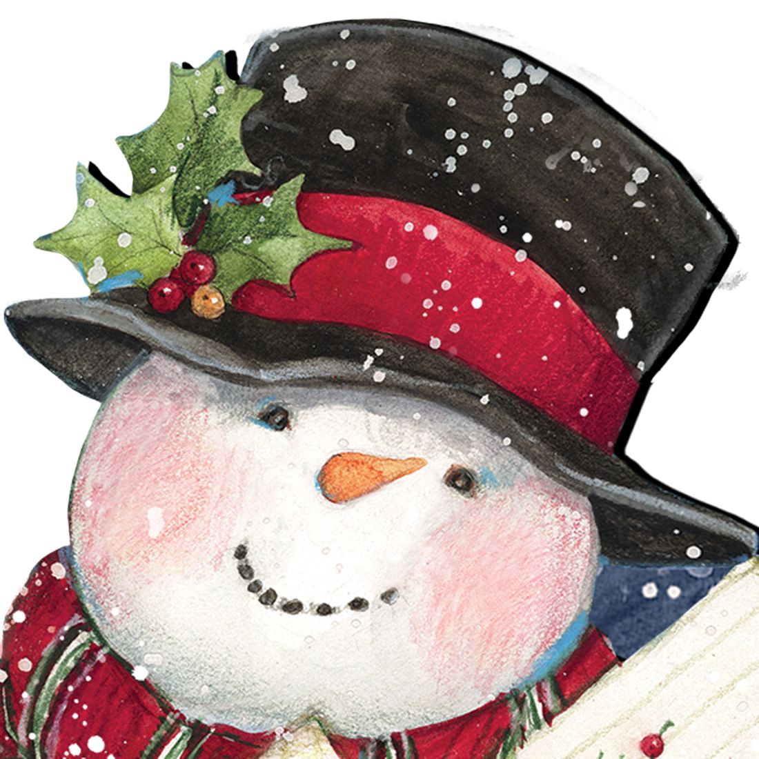 Close-up Christmas yard decoration sign of snowman face with red hat and green holly