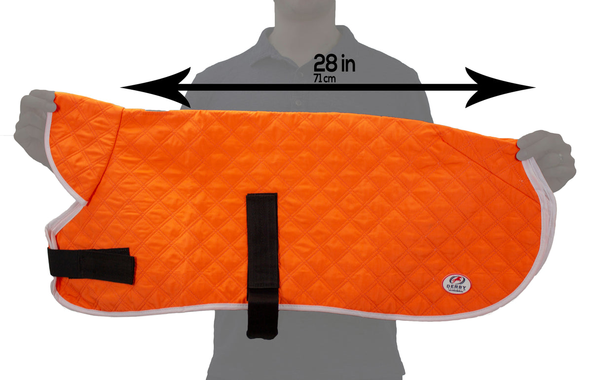 Orange dog cooling jacket with harness opening, quilted pattern, reflective piping, logo patch