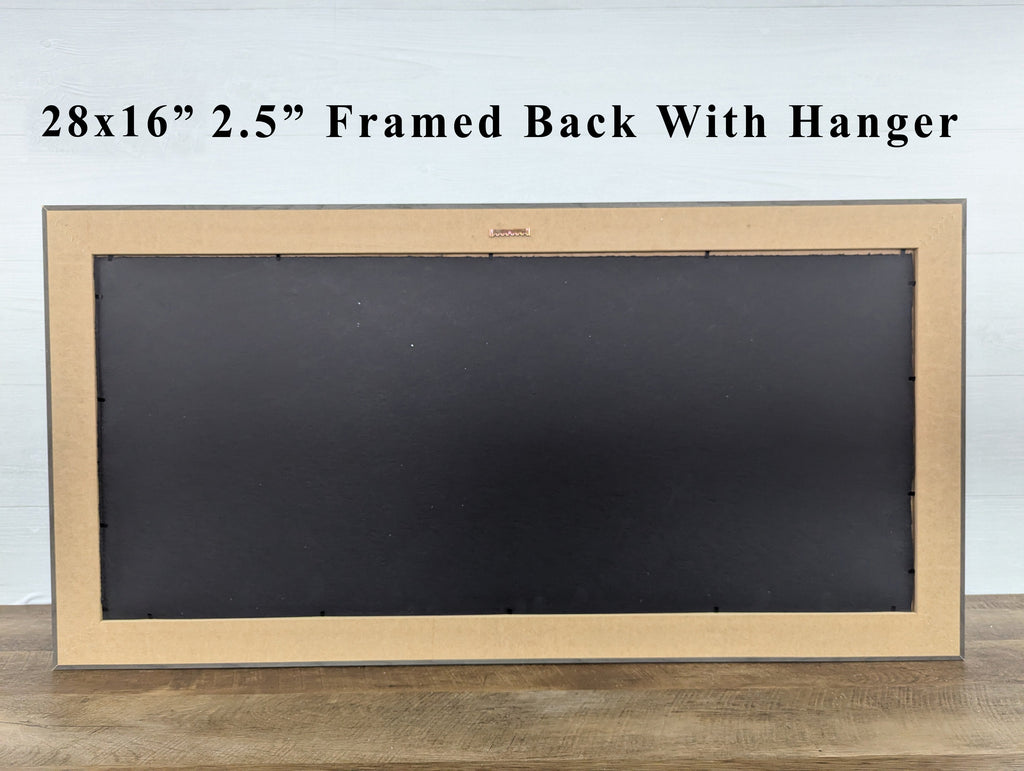 Framed back with hanger, 28x16 in, 2.5 in frame; dark backing board