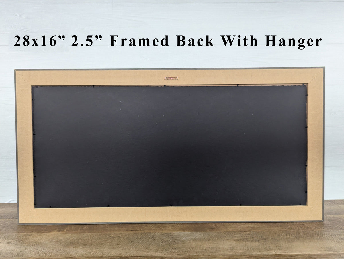 Framed back with hanger, 28x16 in, 2.5 in frame; dark backing board