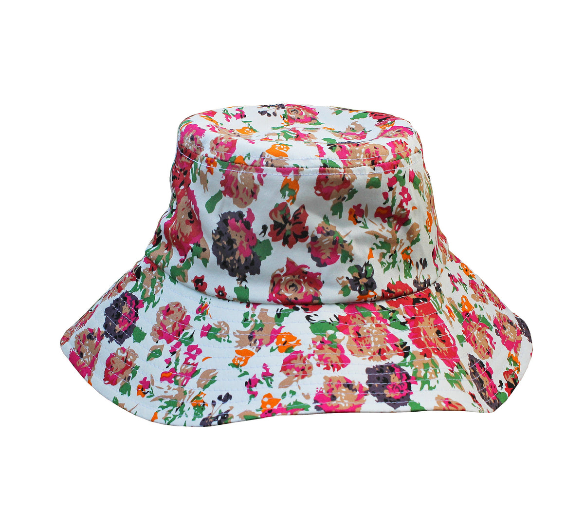 Cotton bucket sun hat with multicolor floral print, wide brim and gathered crown