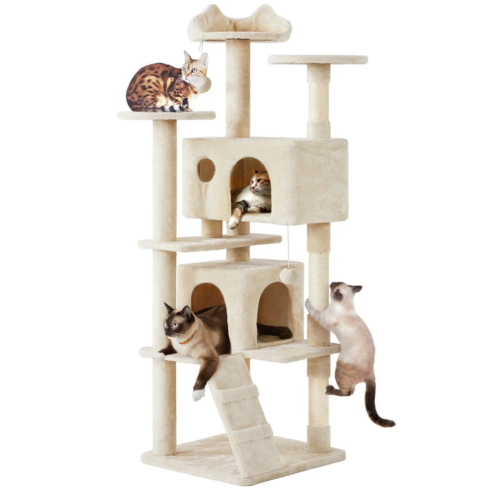 Beige 70-inch cat tree with two condos, multiple perches, scratching posts and a ramp