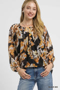 Leaf-print balloon sleeve blouse with keyhole neckline, black mix