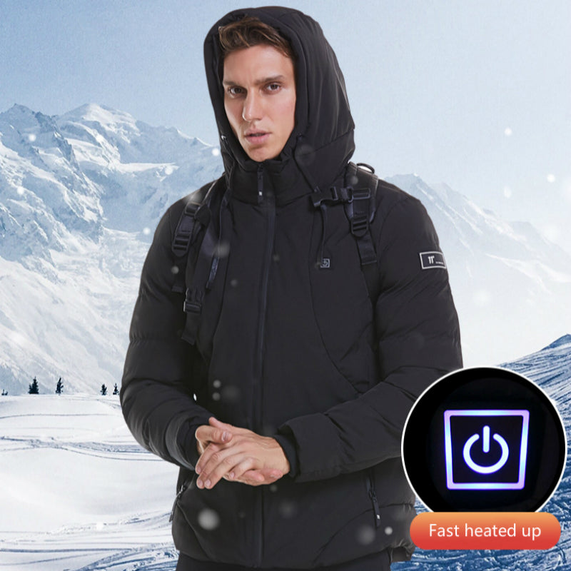 Hooded heated cotton coat, black, front view with power indicator badge