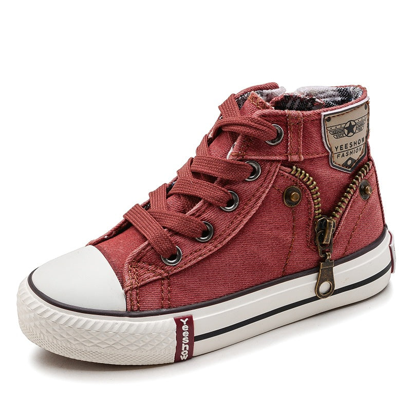 Red children's high-top canvas sneakers with lace-up, zipper detail, and white sole