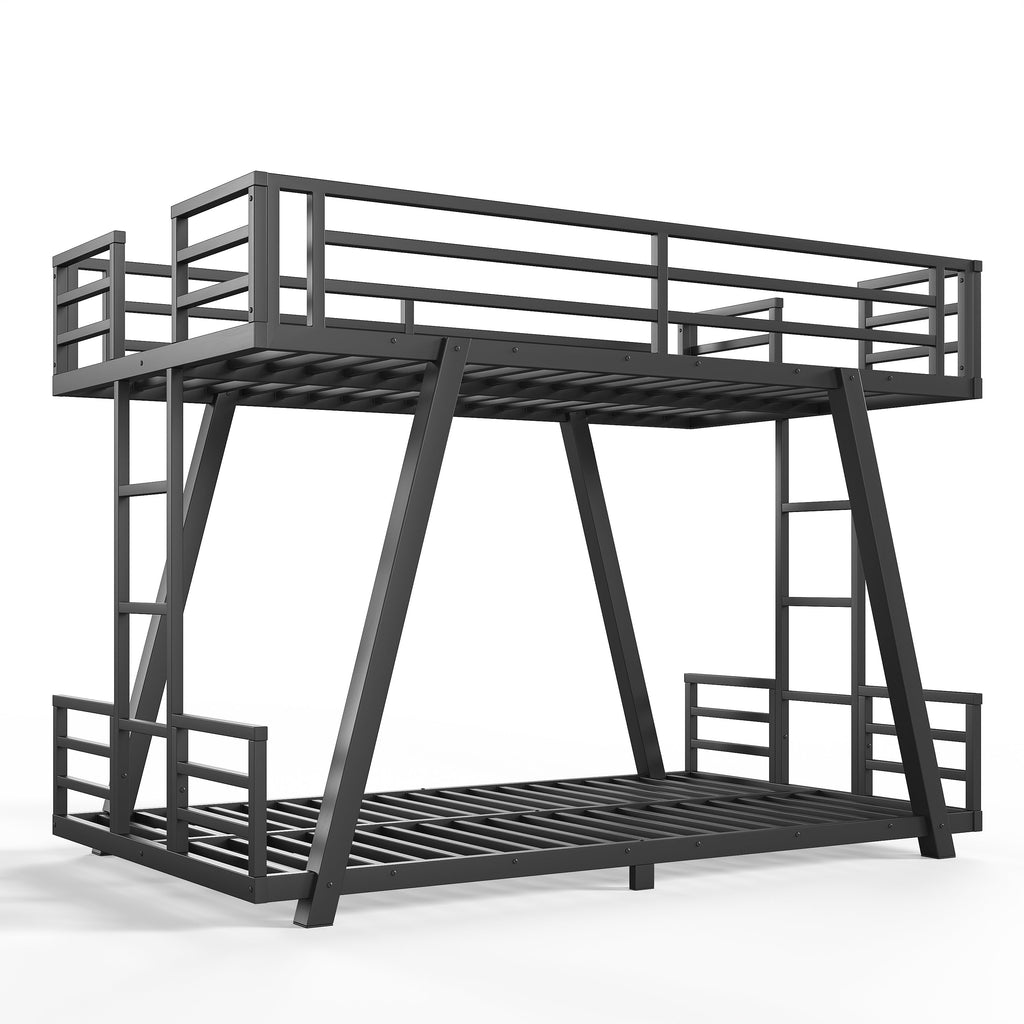 Black metal bunk bed with side ladders, protective rails and reinforced angled legs