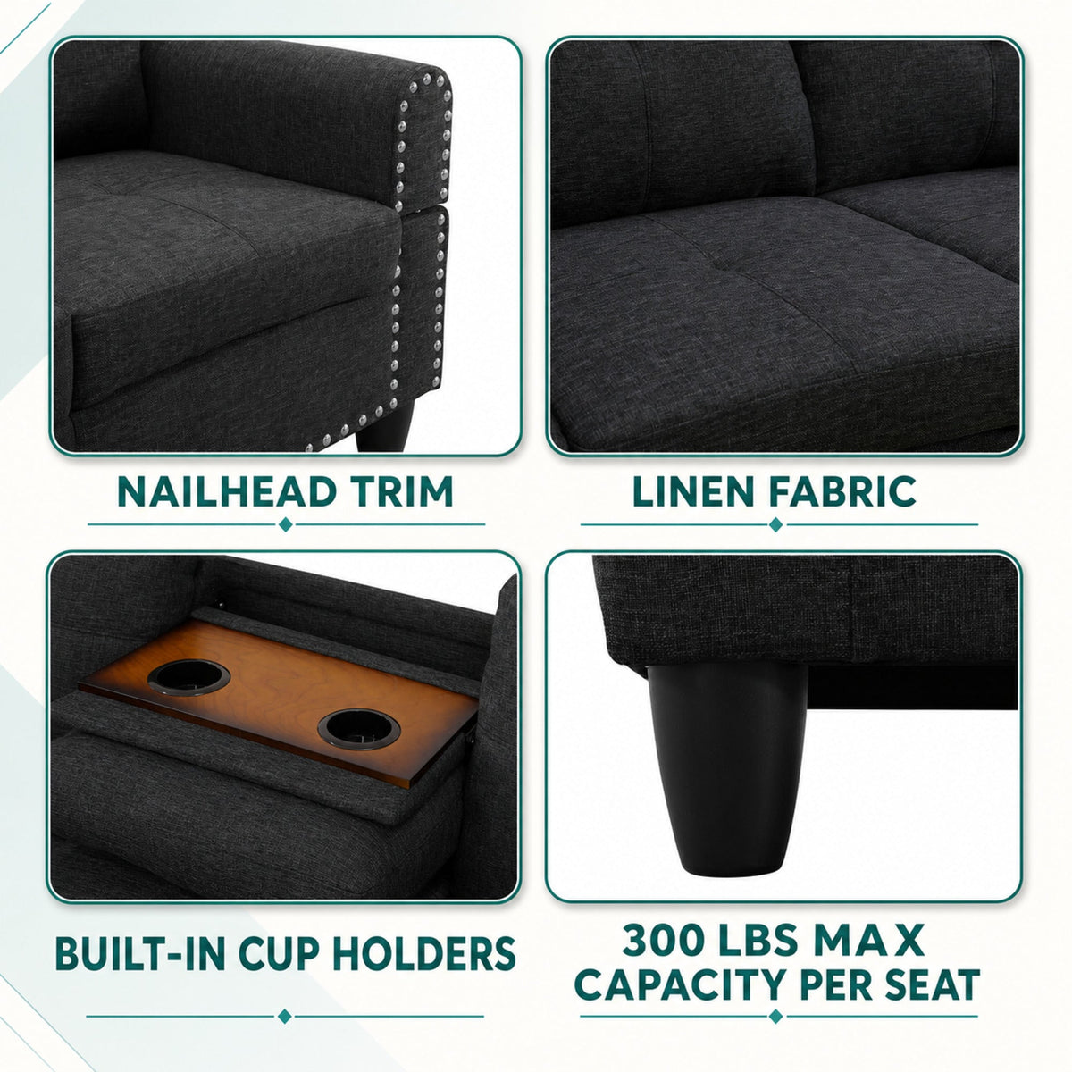 Dark gray sectional features nailhead trim, linen fabric look, and built-in dual cup holders