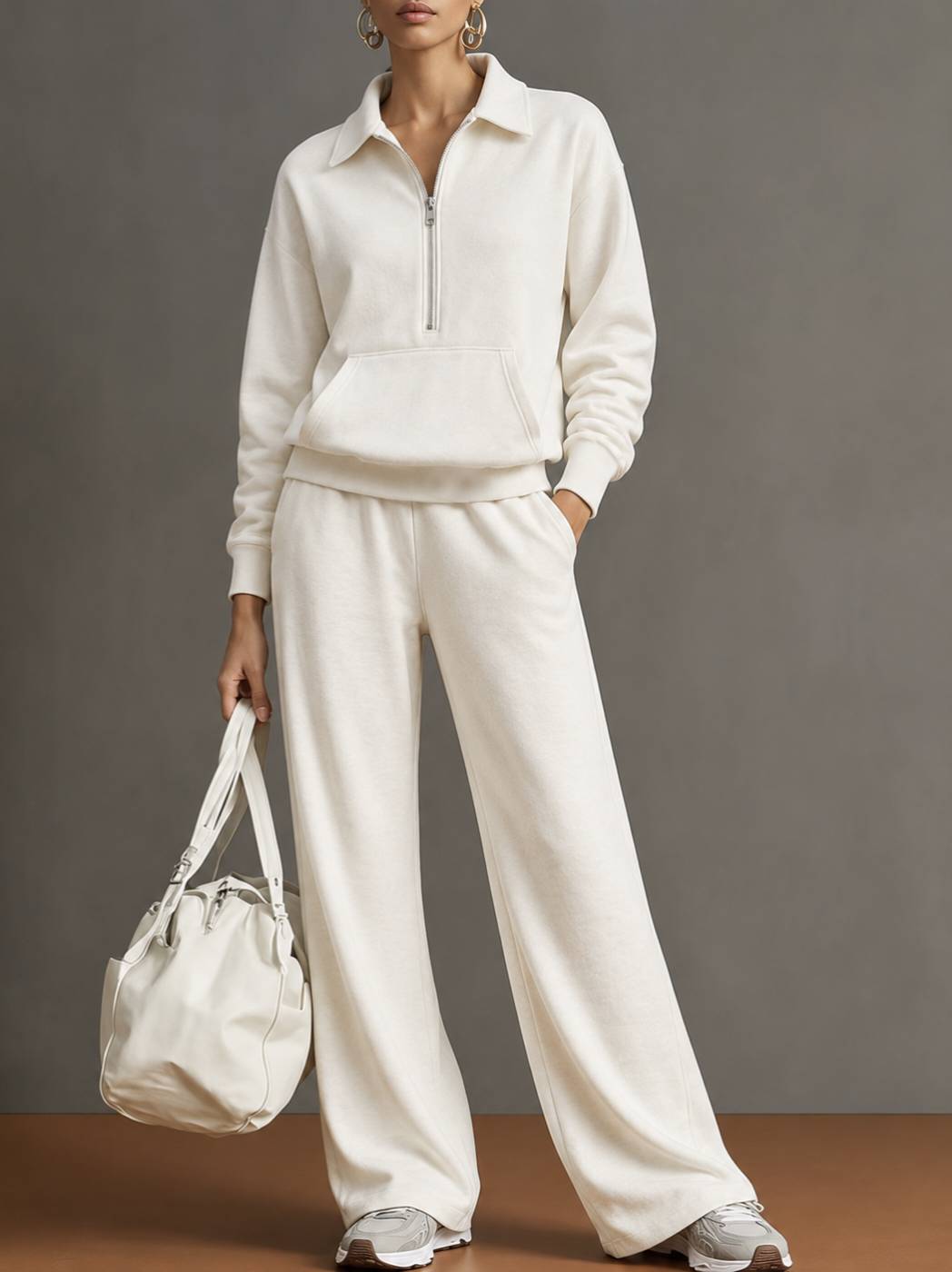 Women’s half-zip sweatshirt and wide-leg pants set, white lounge outfit