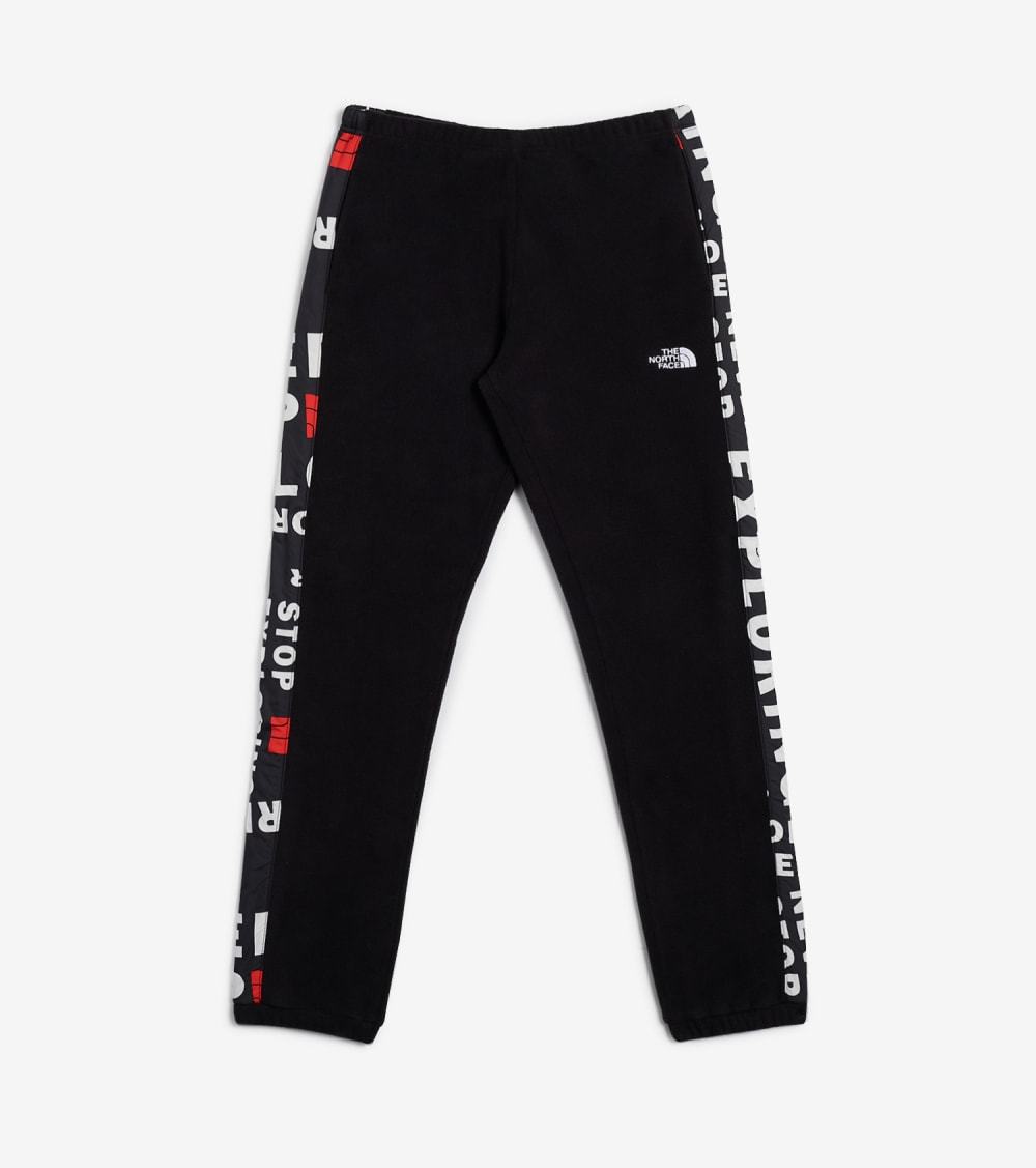 Boys black fleece joggers with side logo text stripe and elastic cuffs