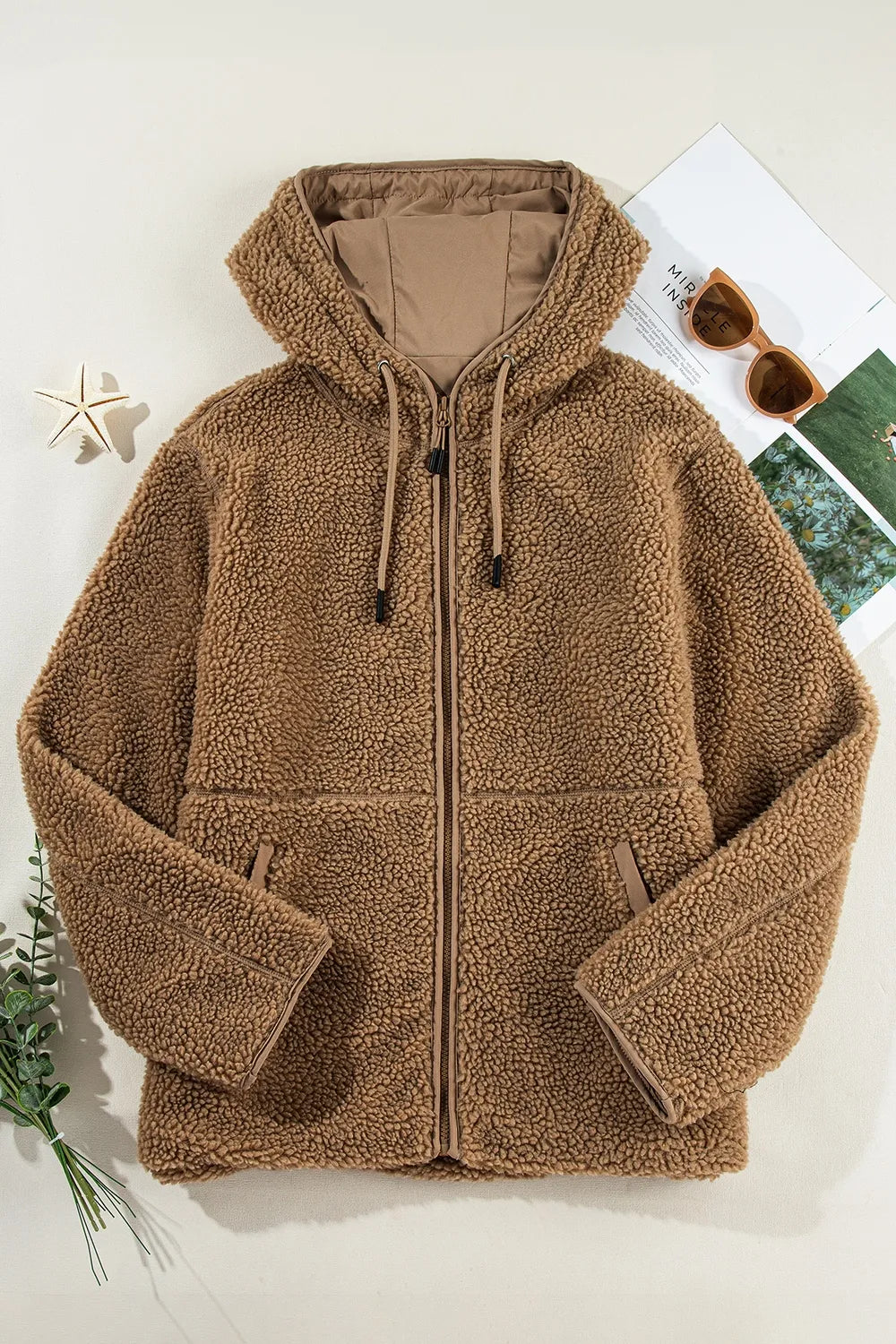 Khaki fleece zip-up hooded jacket with drawstring and full front zipper