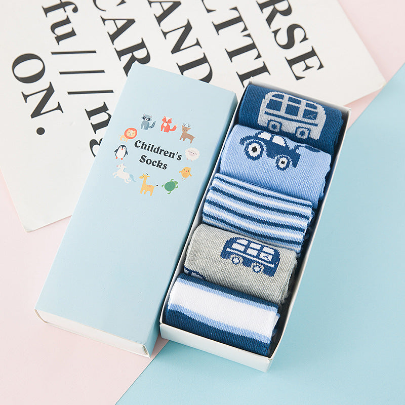 Five-pack baby socks in box, blue car prints and striped patterns