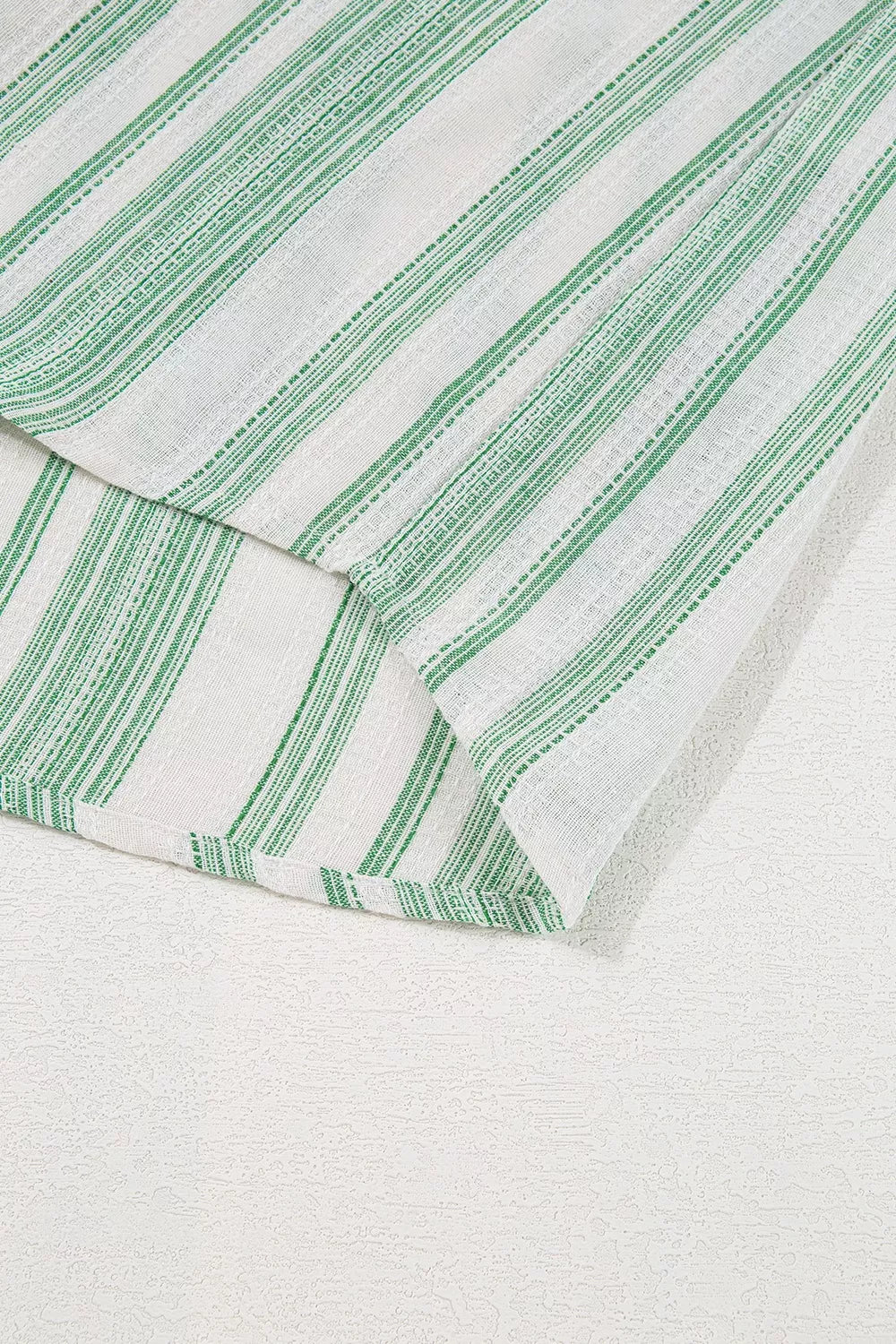 Light green striped gauze blouse with stitched hem and short sleeves