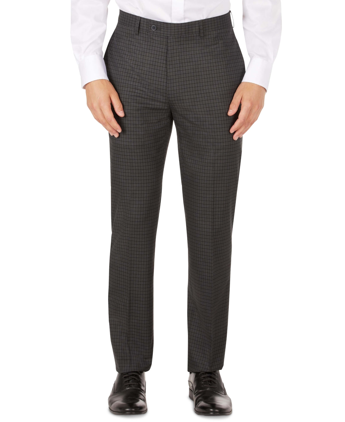 Men's slim-fit dress pants in dark charcoal mini-check, front view with belt loops
