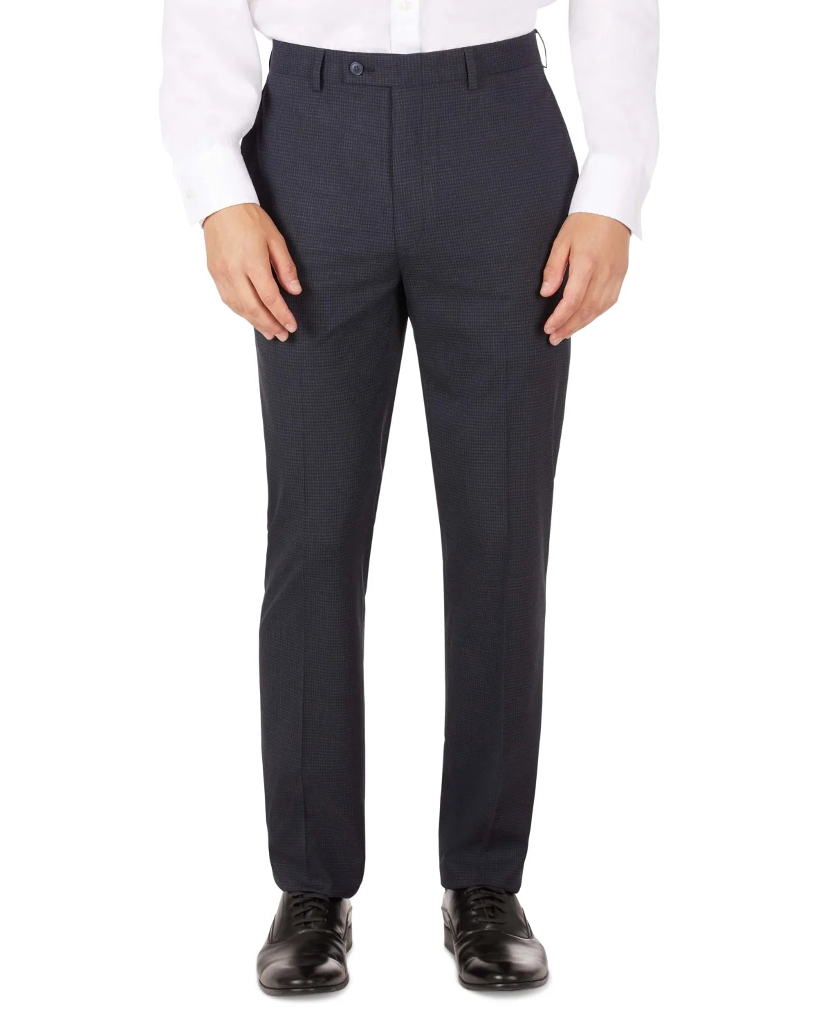 Men's slim-fit dress pants with mini-check pattern, dark charcoal, flat front and belt loops.