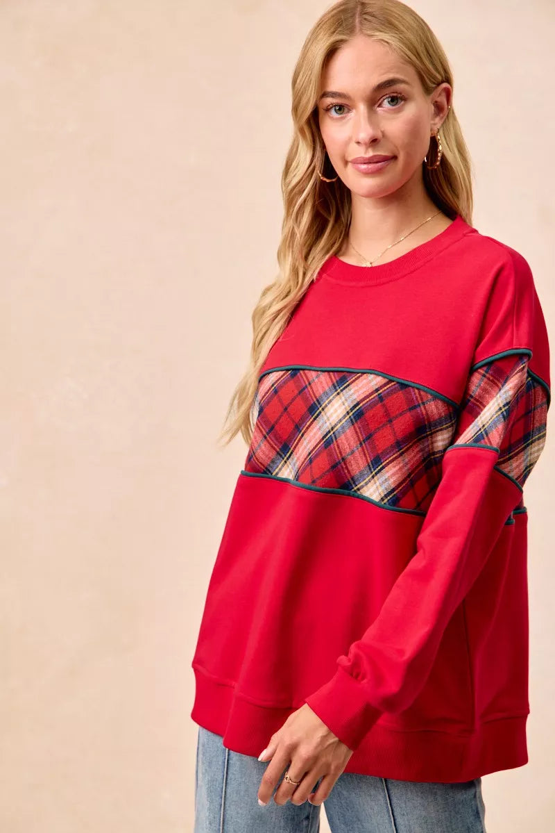 Red plaid block sweatshirt with teal-trim panel, crew neck, long sleeves