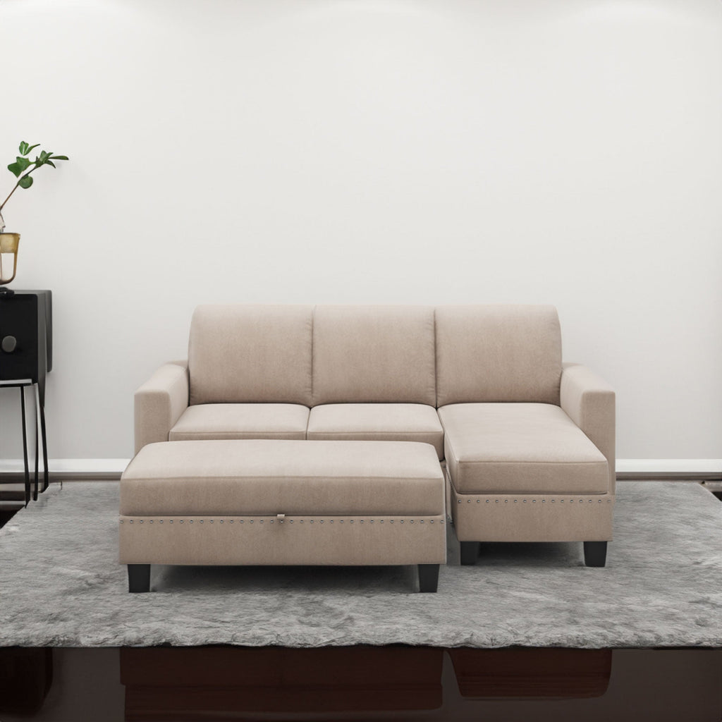Warm grey L-shaped sectional sofa with storage chaise and beige seat cushions