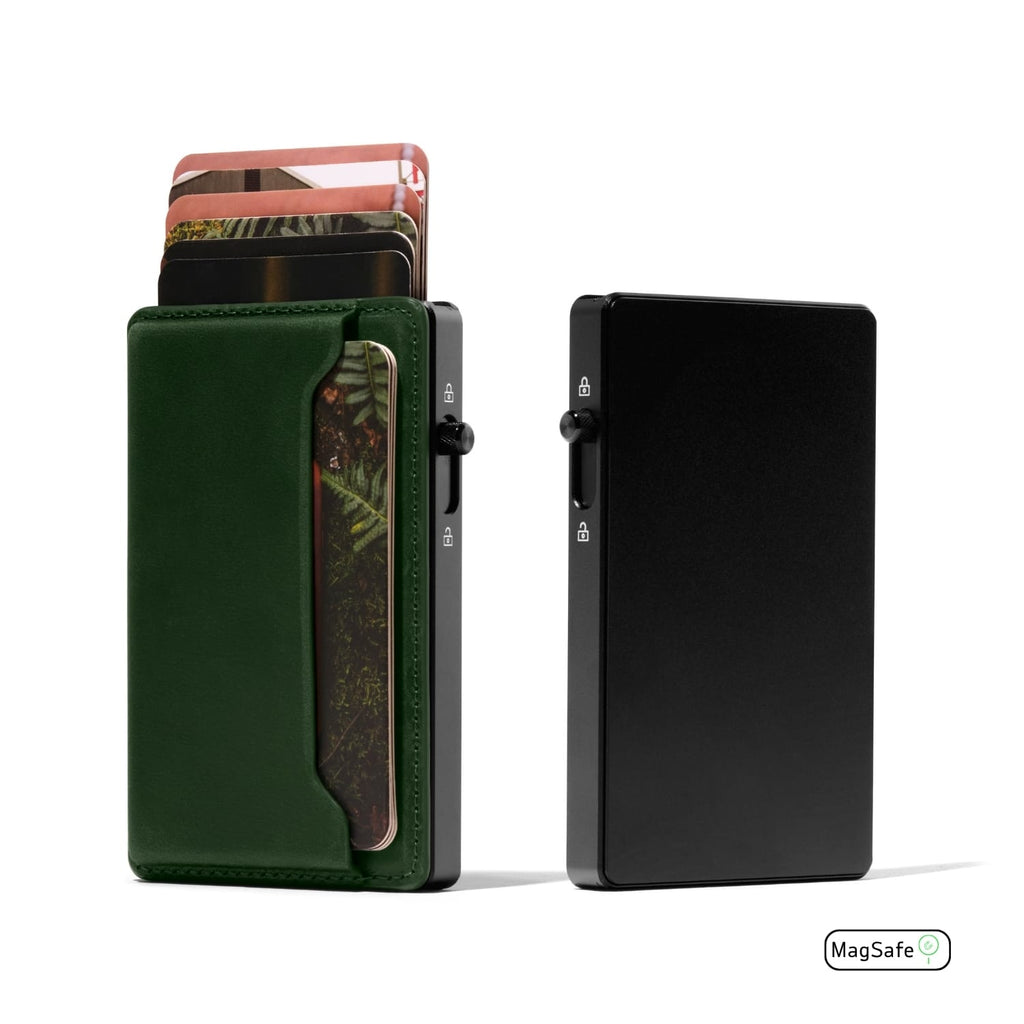 Mod wallet with green leather front and black metal back plate, open card pocket