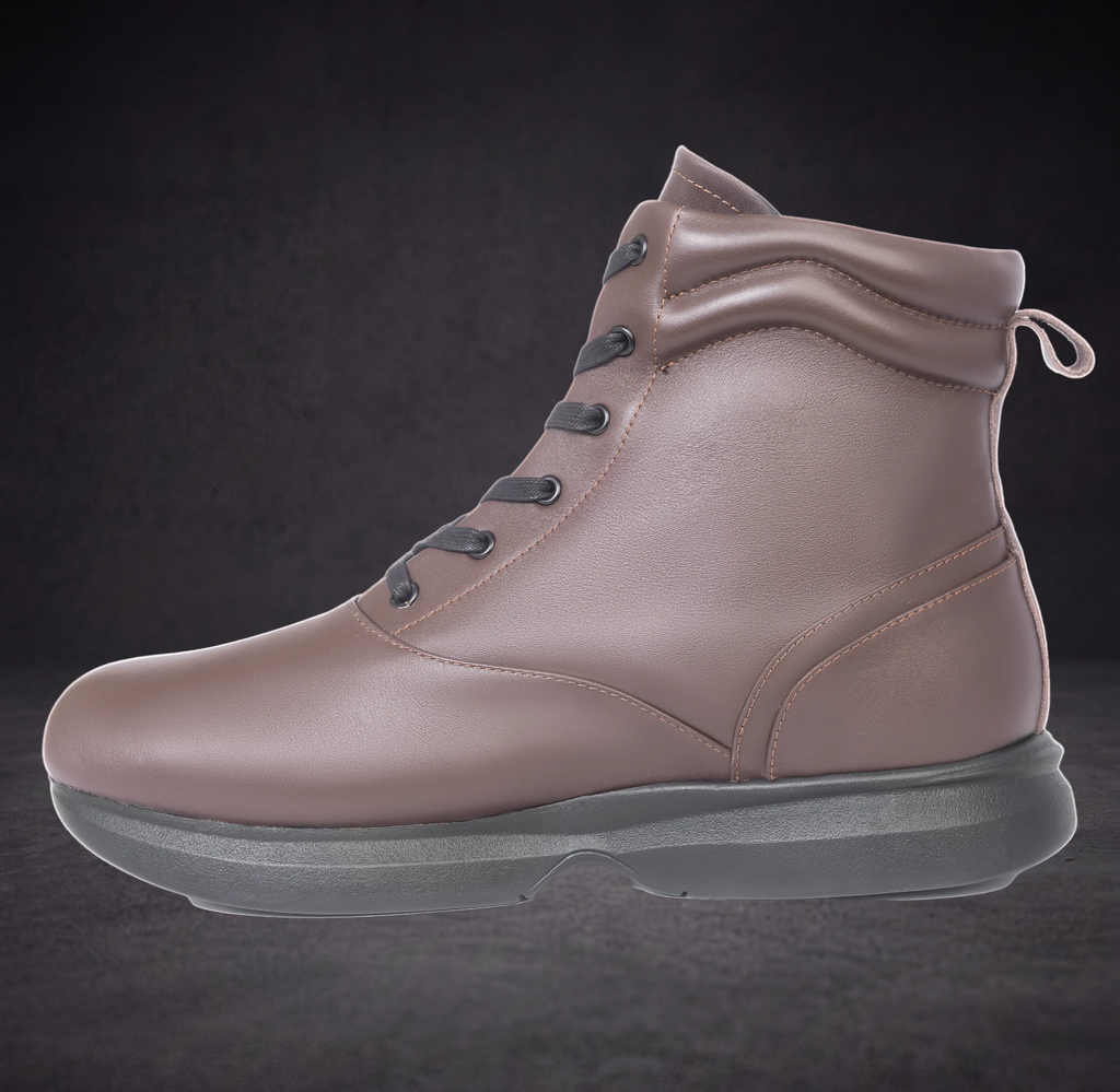 WOA taupe lace-up ankle boot with padded collar and side stitch detail