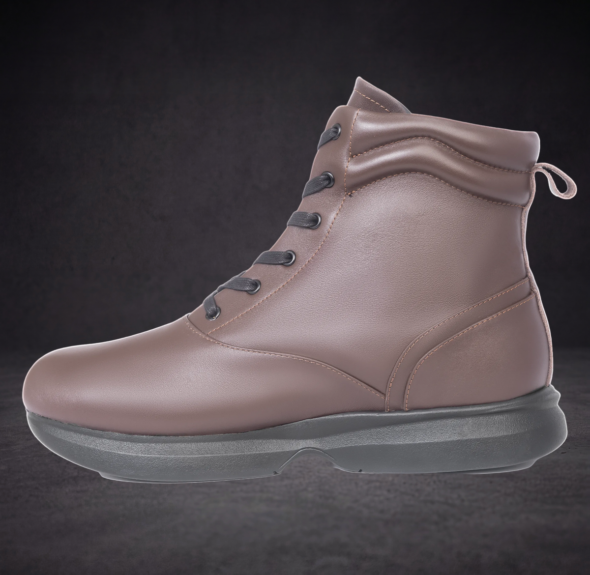 WOA taupe lace-up ankle boot with padded collar and side stitch detail