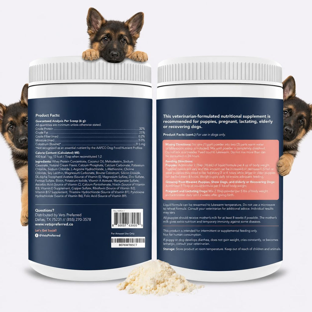 Vets Preferred milk replacer tubs showing front and back labels with powder
