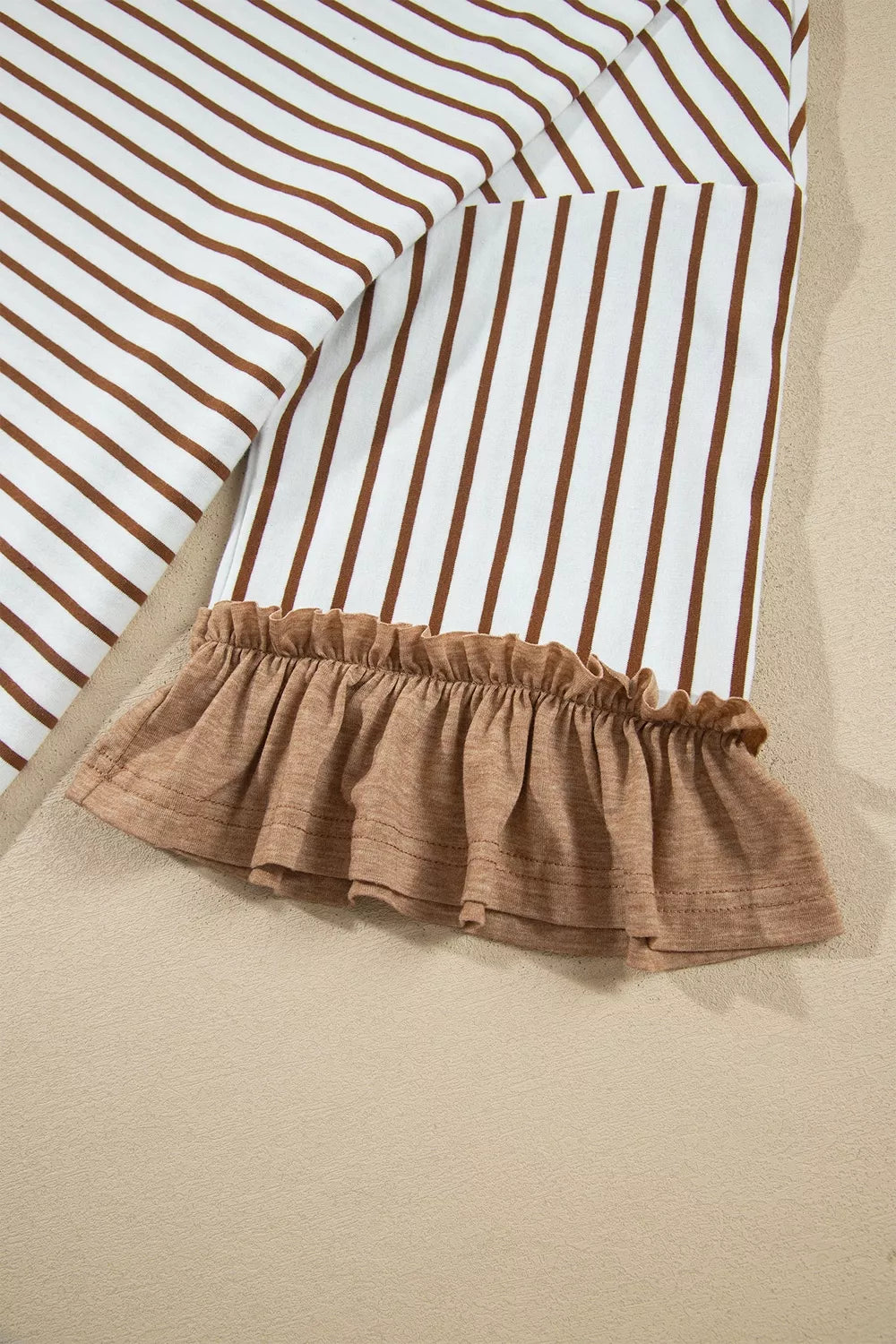 Striped top with camel ruffled sleeve cuff and drawstring-pant waist detail