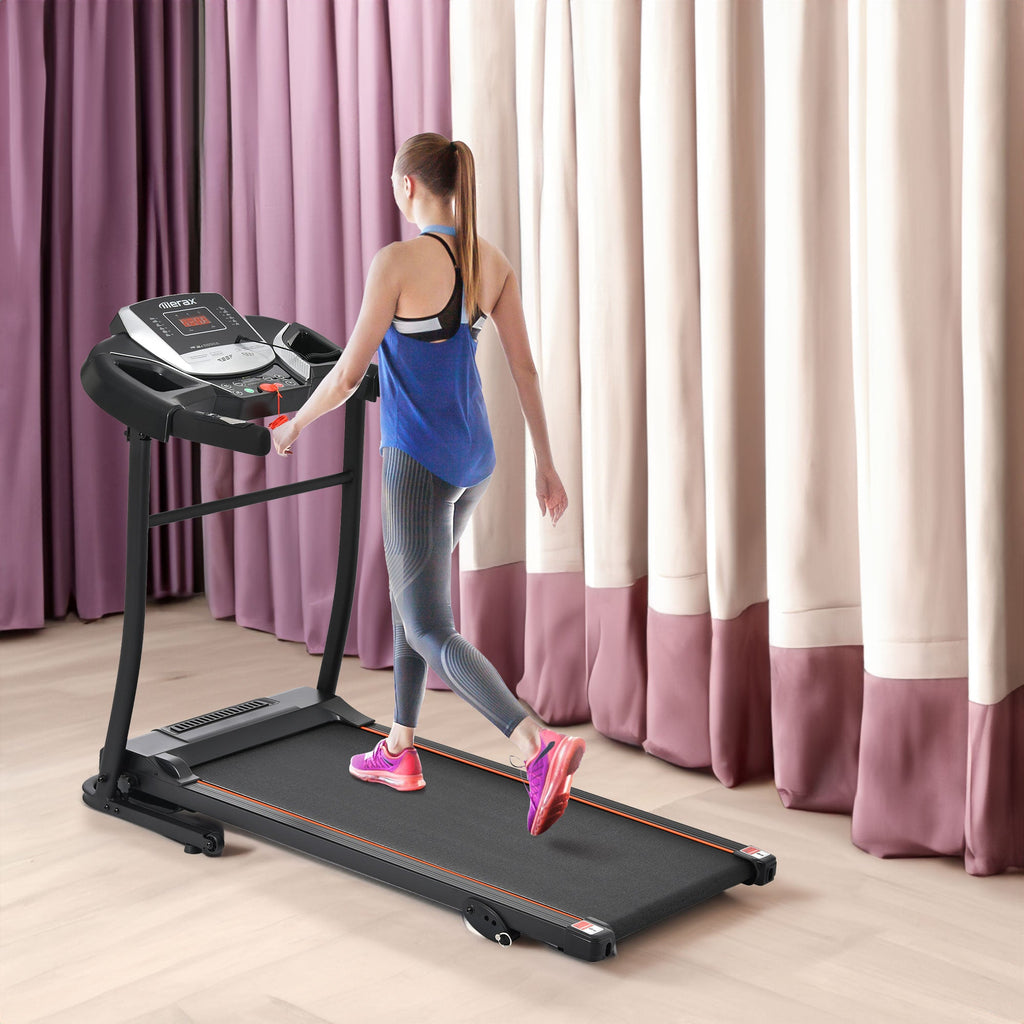 Folding black treadmill with console, front running deck and side rails