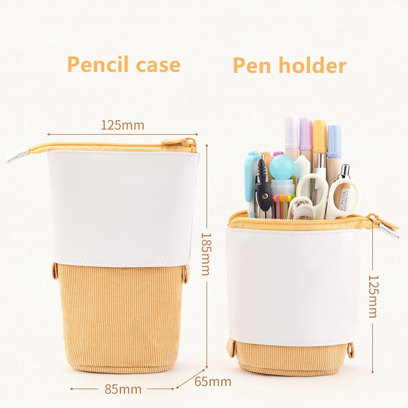 White and tan zipper pencil case and pen holder, compact size for school stationery