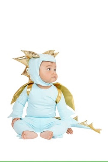 Baby dragon costume with sky-blue jumpsuit, gold shoulder wings, and spiked hood