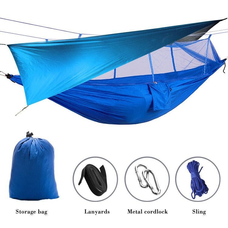 Blue triangular canopy shade with mosquito net panels and hanging hammock, includes sling
