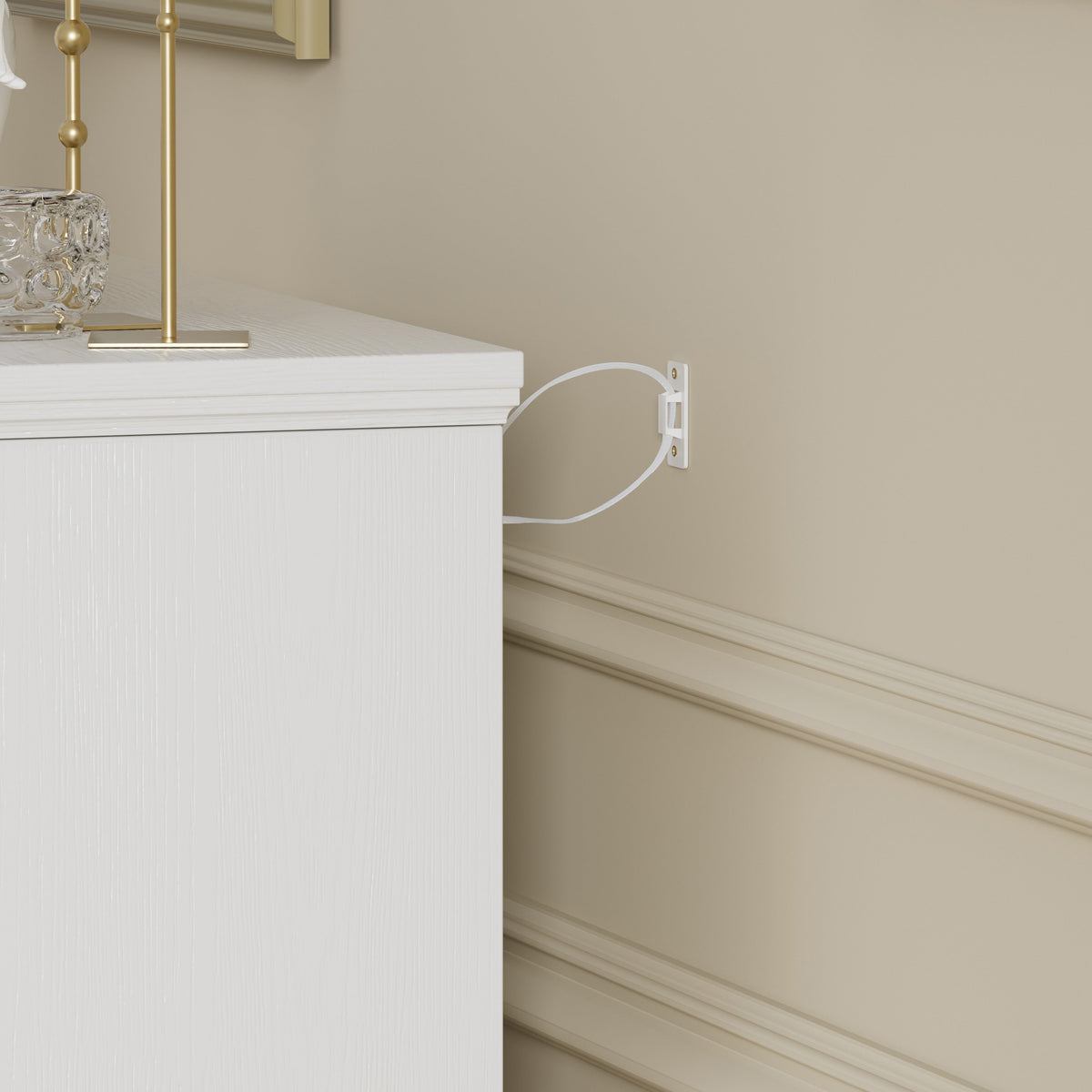 White dresser side with cord and outlet accessory, modern drawer cabinet