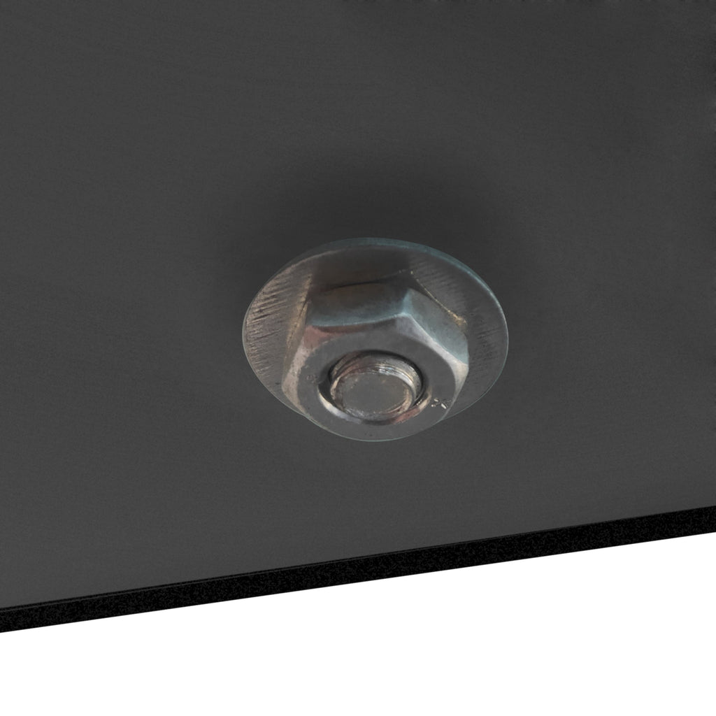 Black glass coffee table surface with circular metal support fitting