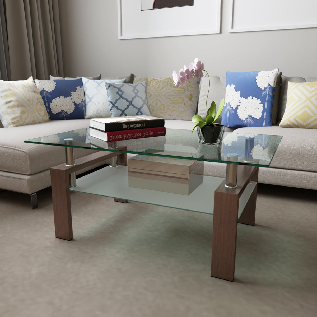 Rectangular clear glass coffee table with walnut frame and two-tier glass shelf