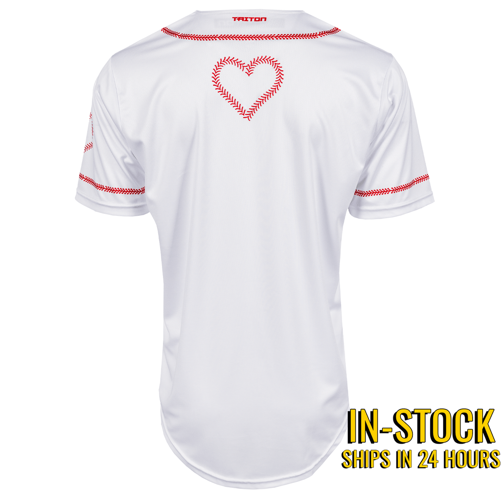 White baseball jersey back with red heart baseball outline and contrast red piping