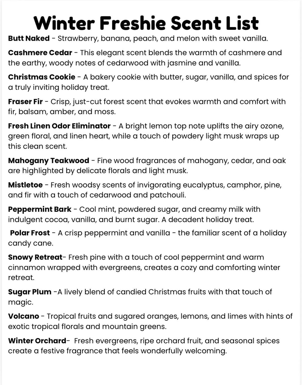 Scent list card for Winter Freshie tin refills with multiple scent descriptions