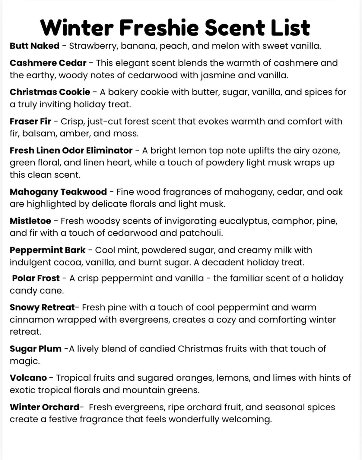 Scent list card for Winter Freshie tin refills with multiple scent descriptions