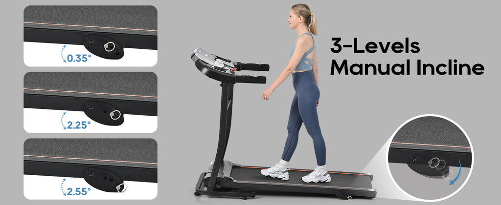 Black folding treadmill with 3-level manual incline and pulse sensor control
