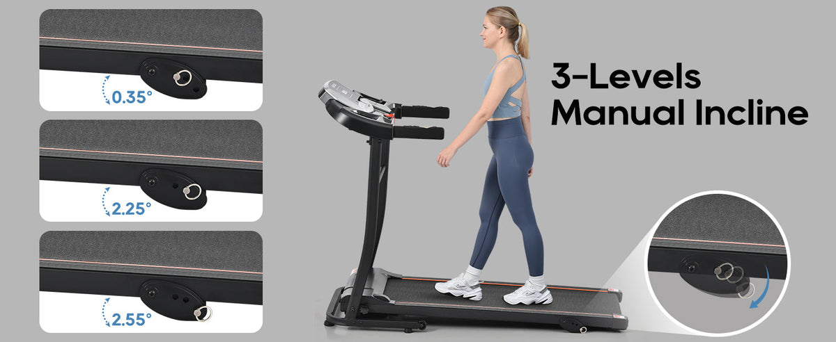 Black folding treadmill with 3-level manual incline and pulse sensor control