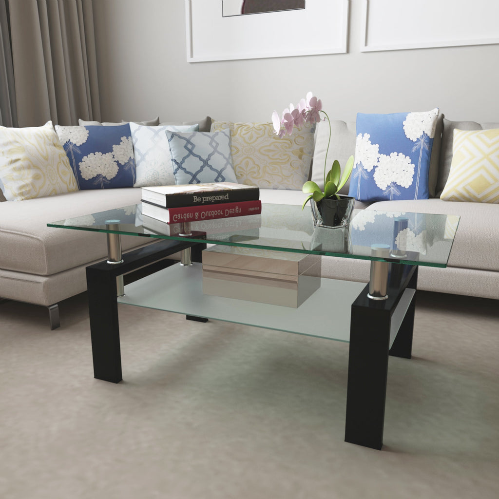 Rectangular black glass coffee table with clear glass top and lower shelf