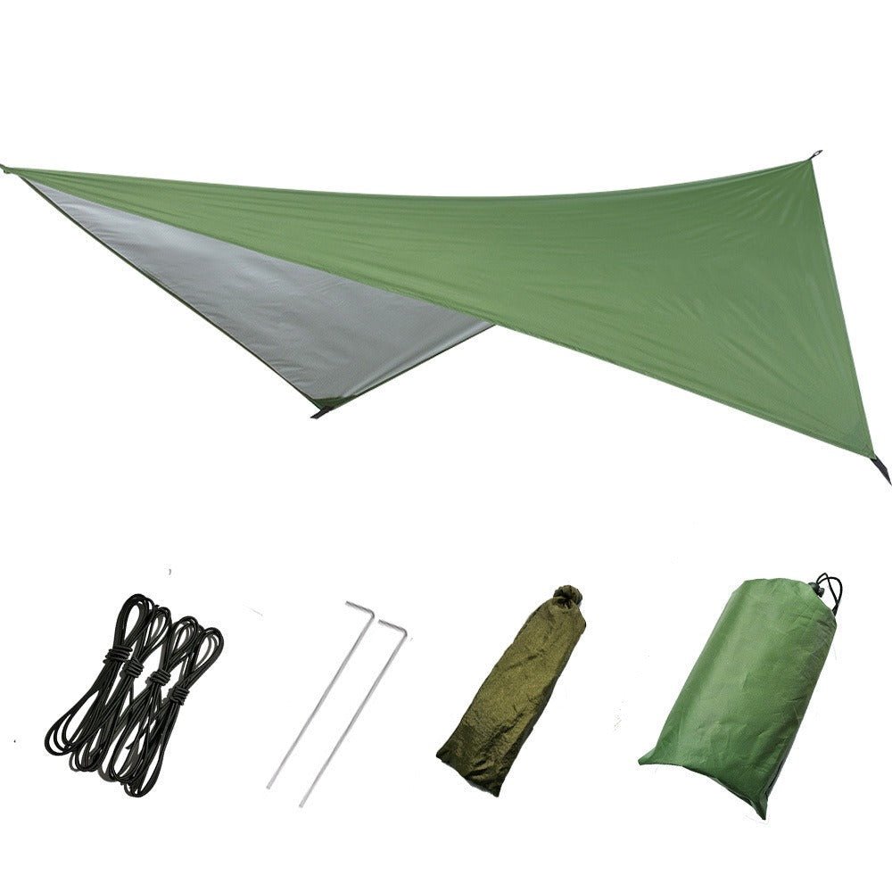 Triangular waterproof canopy shade in green and gray with ropes, poles, and storage bag