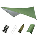 Triangular waterproof canopy shade in green and gray with ropes, poles, and storage bag