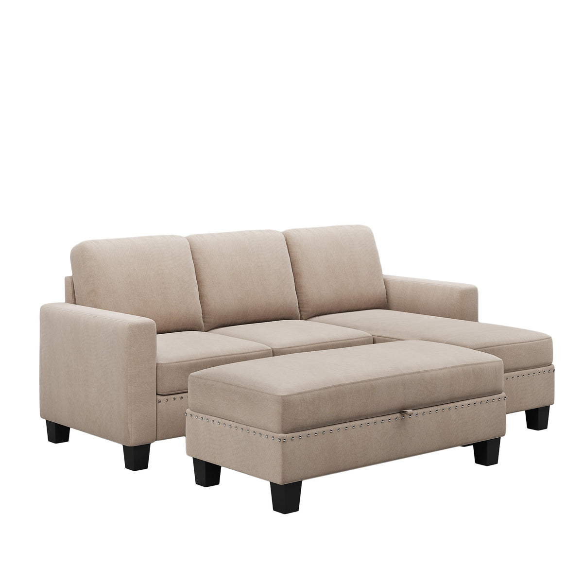 Warm grey L-shaped sectional sofa with chaise storage ottoman and tufted back cushions