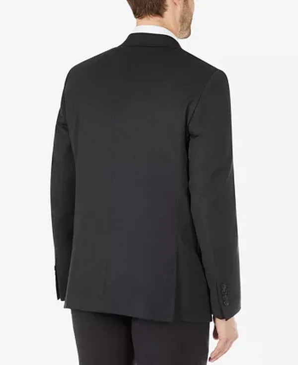 Men's suit jacket back view, dark charcoal, notched collar and center vent