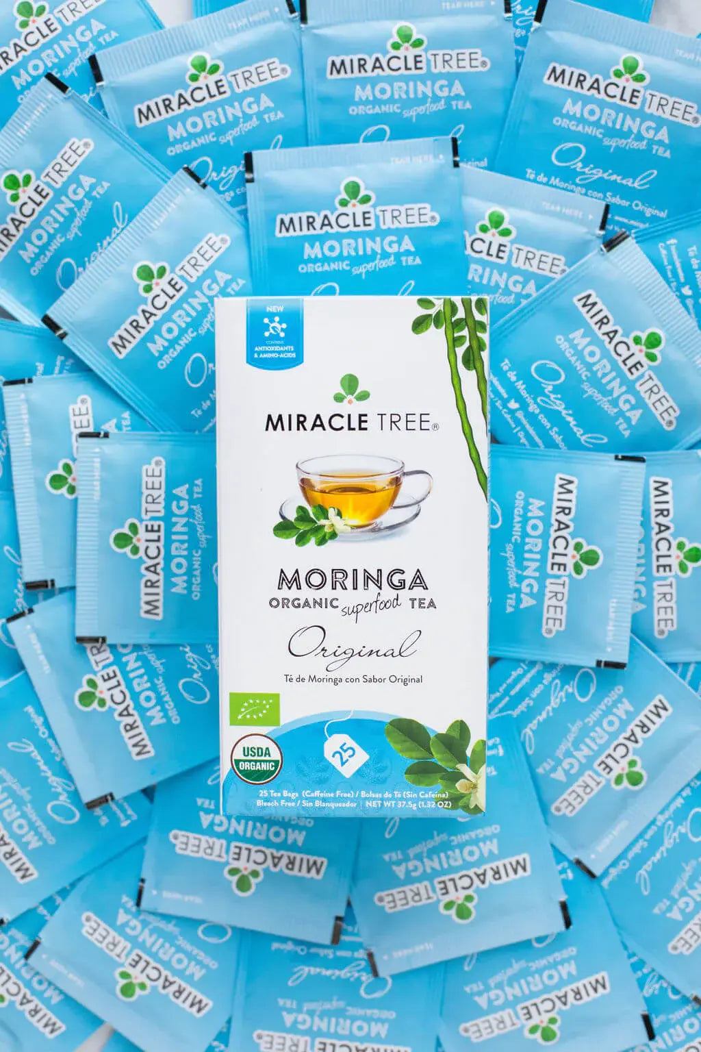 Assorted Miracle Tree Moringa original organic tea bags, multiple packets