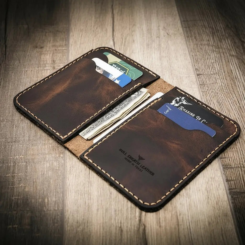 Two-panel brown leather wallet open, with card slots and folded cash