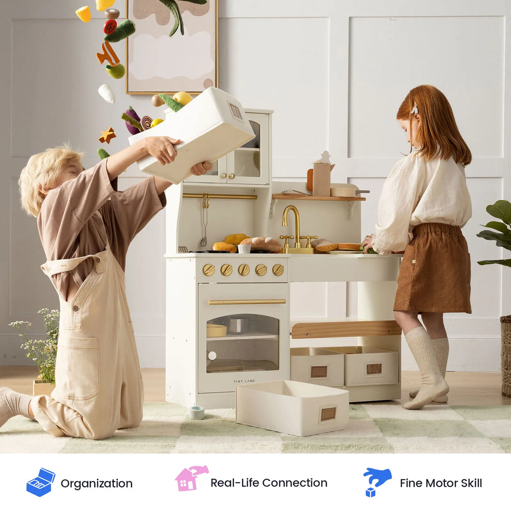 Wooden play kitchen with open shelves and gold faucet, cream finish with kid-friendly sink
