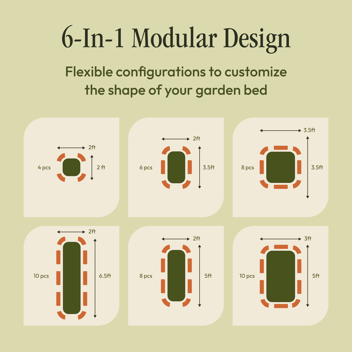 6-in-1 modular metal raised garden bed configuration diagram in dark green