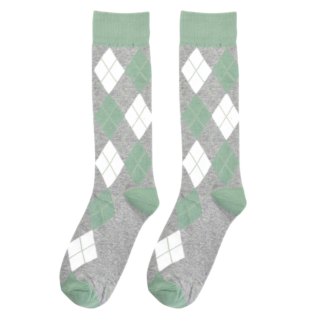 Pair of sage green argyle dress socks with gray base and diamond pattern