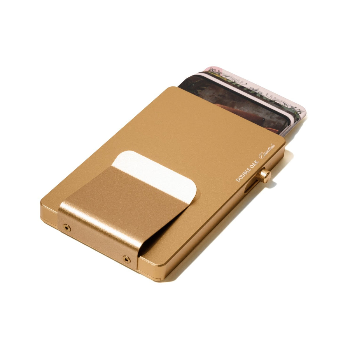 Gold pop-up cardholder with hinged panel and card slot window