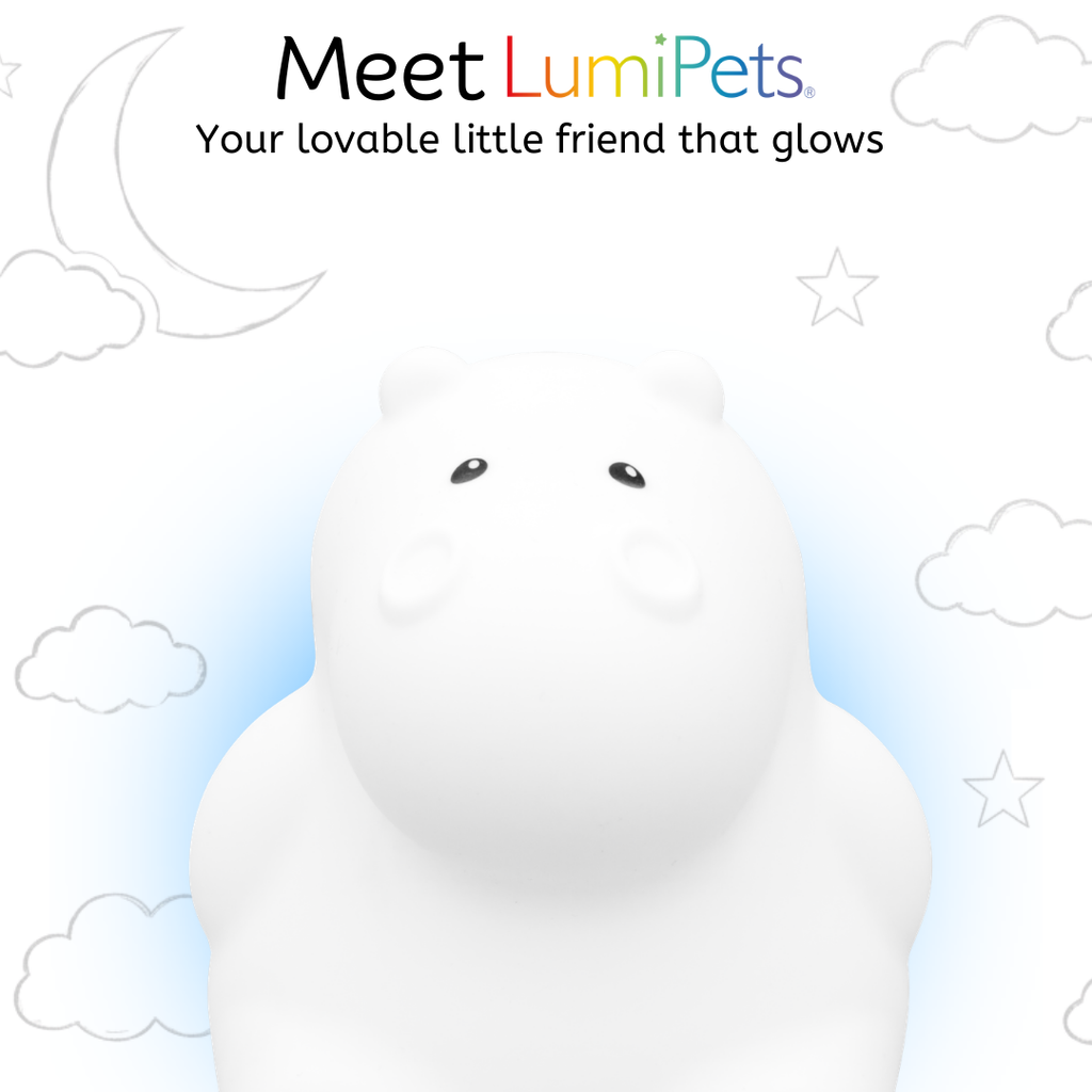 LumiPets Honey hippo touch night light, front view with rounded ears and cheeks