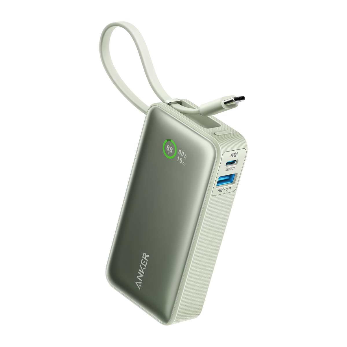 Green Anker Nano 30W power bank with built-in USB-C cable and side charging ports
